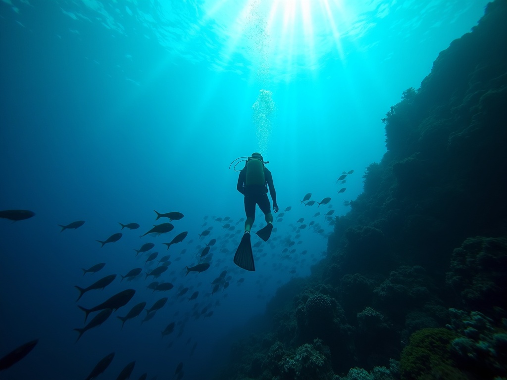 Scuba diver over a coral reef wall with schooling fish in Raja Ampat