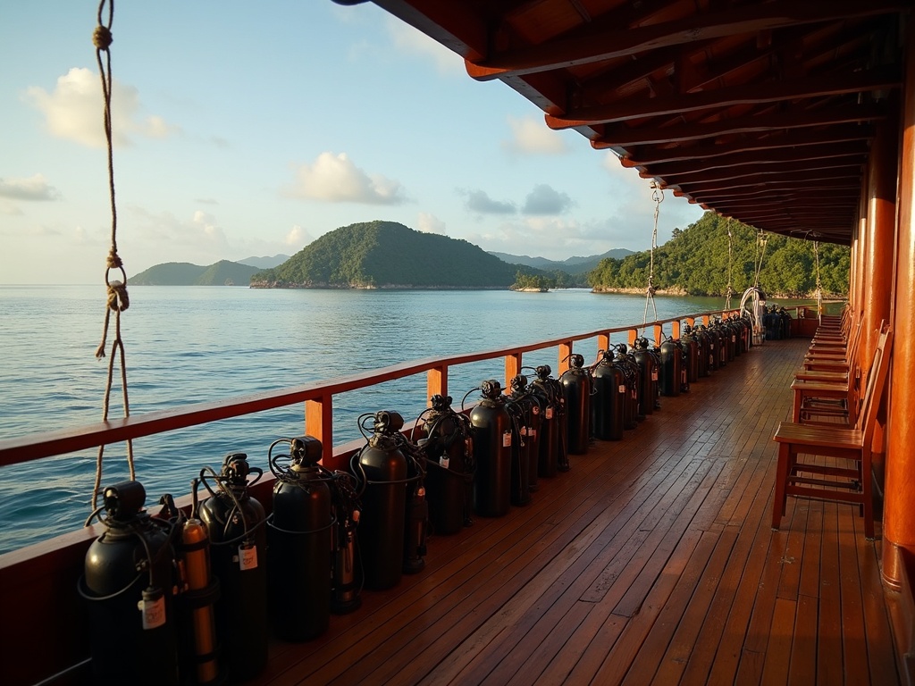 Teak deck of a phinisi liveaboard with dive tanks and islands beyond