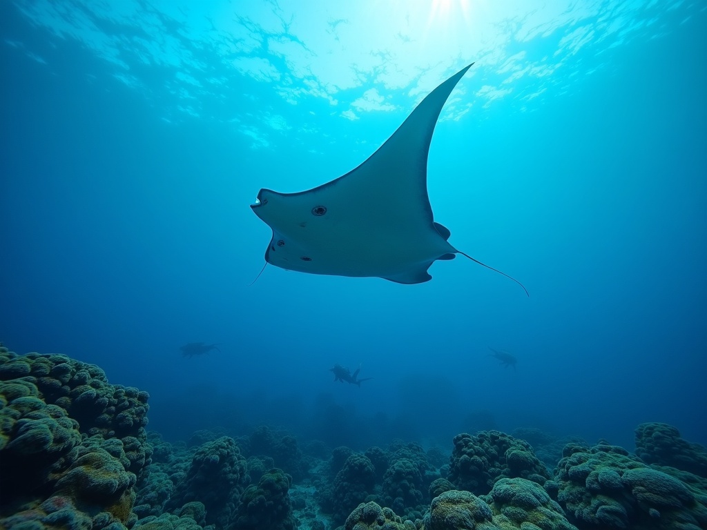 Reef manta ray gliding over a coral cleaning station in clear water