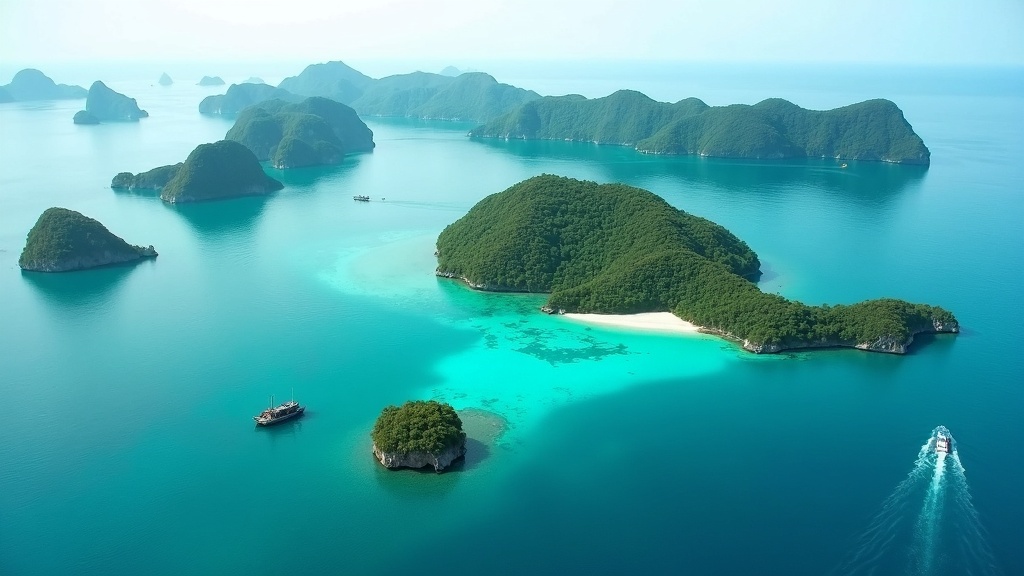 Aerial view of forested karst islands and jade lagoons in Raja Ampat at morning